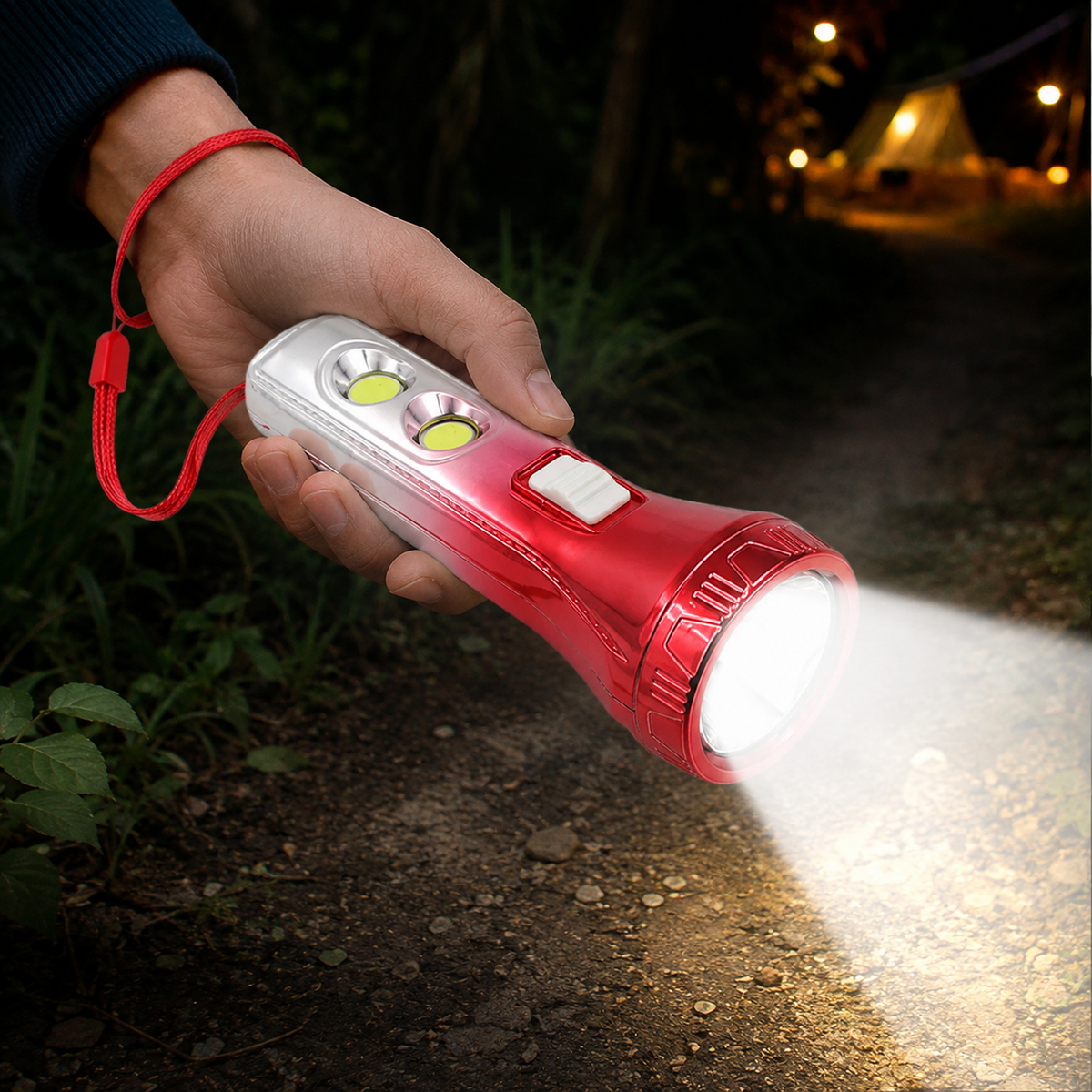A hand holds a red and silver LED torchlight illuminating a dark path with a bright beam.
