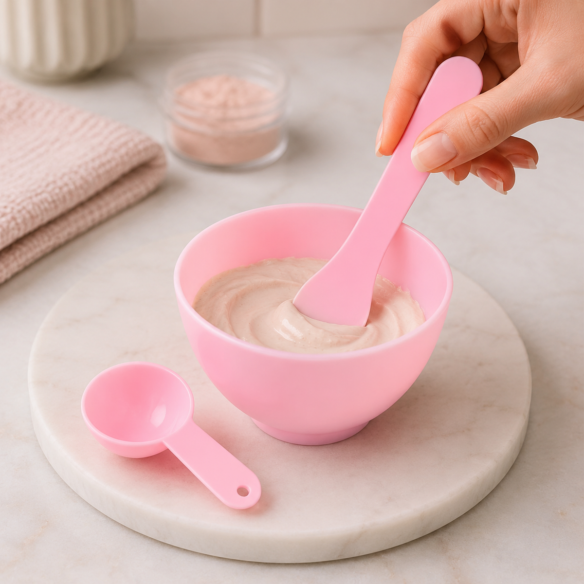 A hand mixes a light pink facial mask in a small pink bowl with a pink spatula, a pink measuring spoon sits nearby.