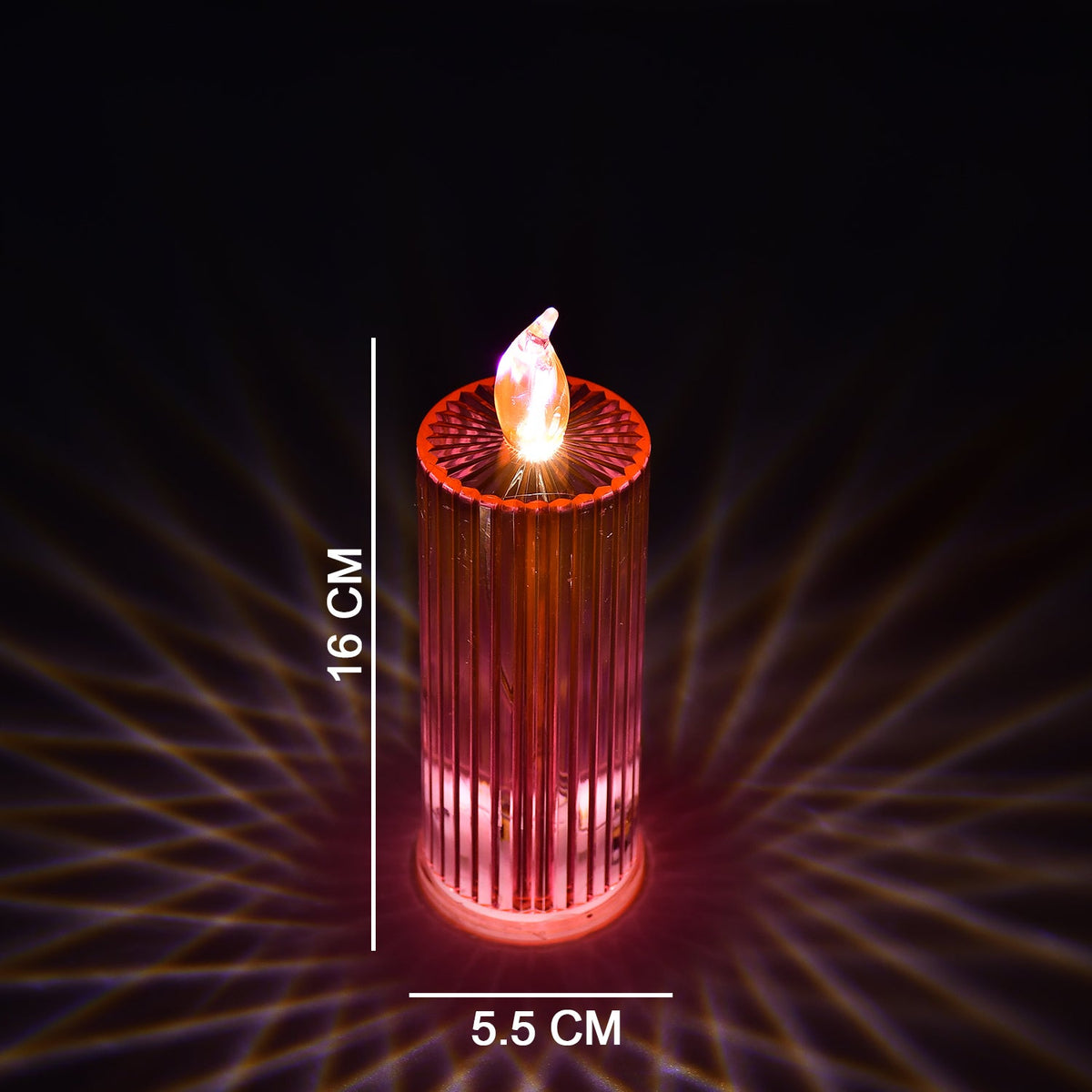 A single red LED crystal candle with dimensions of 16 cm height and 5.5 cm width, casting light patterns.