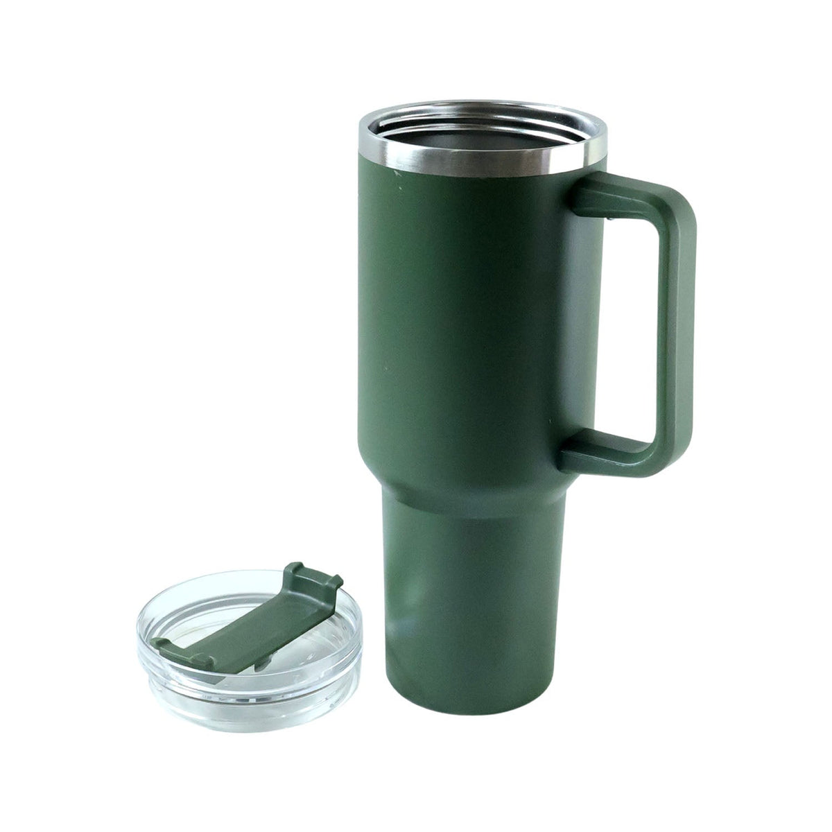 A dark green insulated travel mug with a handle stands next to its clear lid, which is detached and resting on the surface.