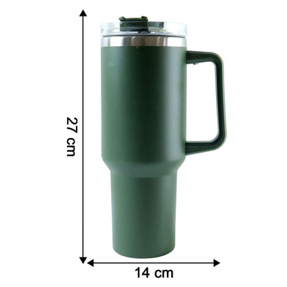 A dark green insulated travel mug with a handle and clear lid is shown with dimensions: 27 cm tall and 14 cm wide.