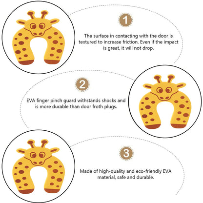 An infographic details the features of the giraffe door stopper, including its textured surface and EVA material.