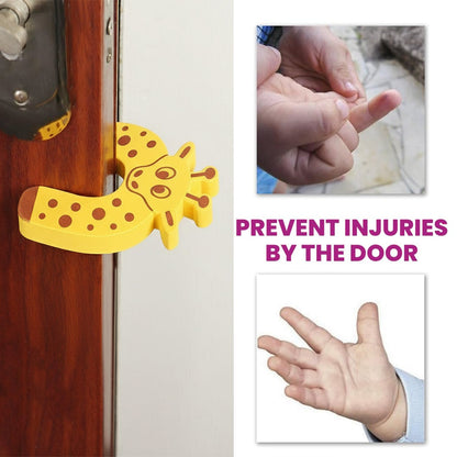 A giraffe door stopper on a door, with images of a child's injured finger and an open hand, illustrating injury prevention.
