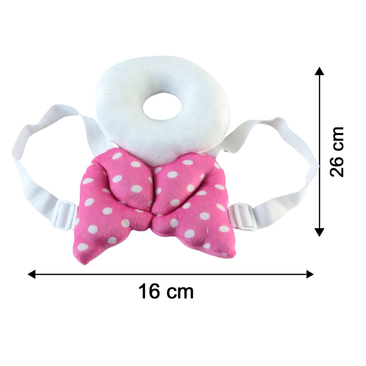A pink and white polka dot head protector with angel wings is displayed on a white background with dimensions of 16 cm by 26
