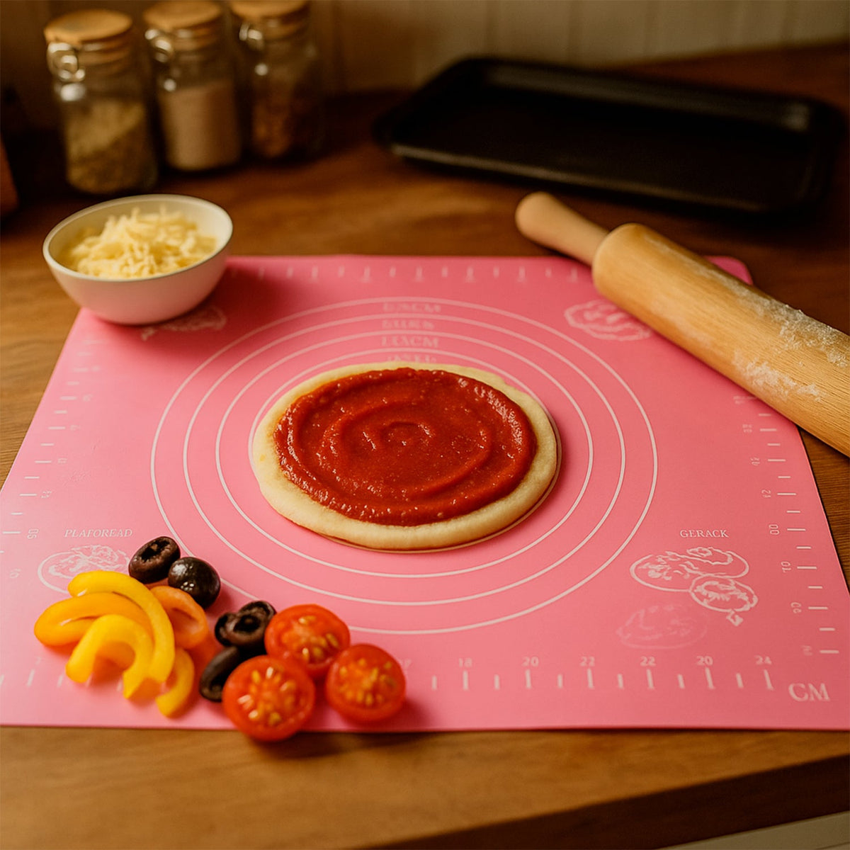 Pink silicone baking mat with pizza dough, sauce, and toppings, alongside a wooden rolling pin.