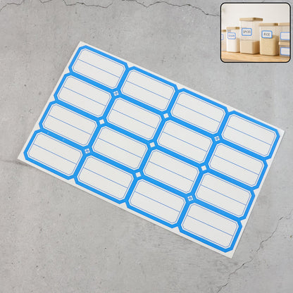 A sheet of blue-bordered rectangular label stickers with blank white centers is shown, with an inset image of labeled