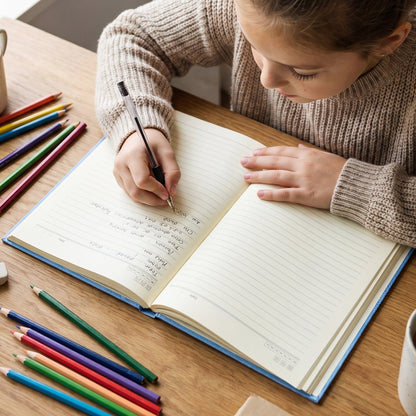 A young girl in a beige sweater writes in a blue hardbound ruled diary with a black pen, surrounded by colorful pencils on a