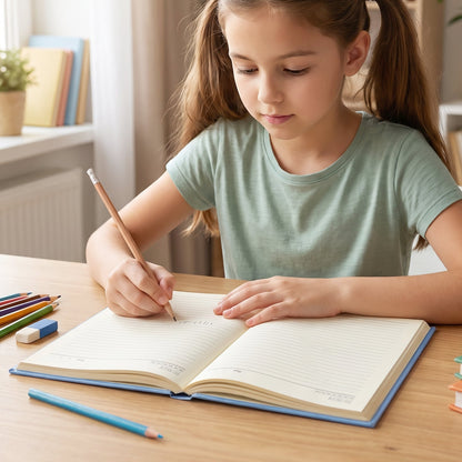 A young girl in a green t-shirt writes in a blue hardbound ruled diary with a pencil on a wooden desk, surrounded by school