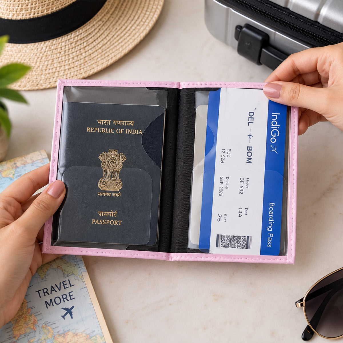 Hands hold an open pink passport holder, revealing a dark blue passport and a white and blue boarding pass inside.