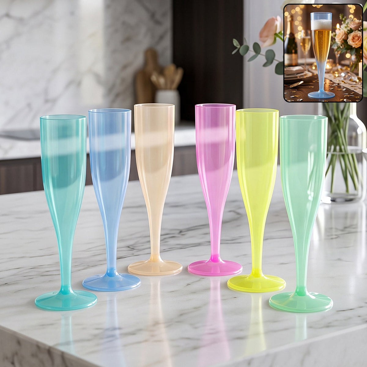 Six colorful plastic champagne flutes in blue, yellow, pink, green, and orange on a marble countertop.