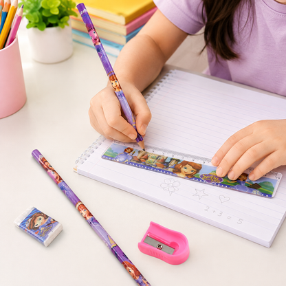 Child's hands using a purple Sofia the First pencil and ruler on a notebook, with an eraser and sharpener nearby.