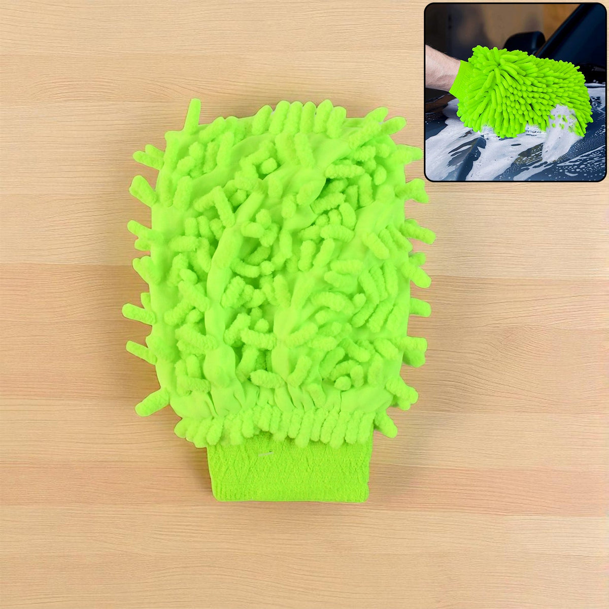 A bright green microfiber car wash glove on a wooden surface, with a small inset showing it in use.