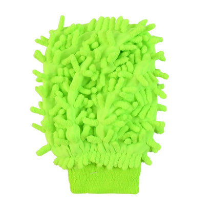 A bright green microfiber car wash glove with long, soft bristles, isolated on a white background.