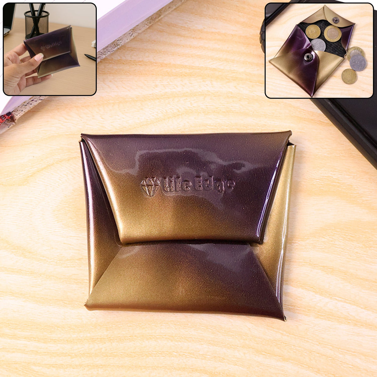 A closed iridescent coin pouch with purple and gold hues sits on a wooden surface, with two inset images