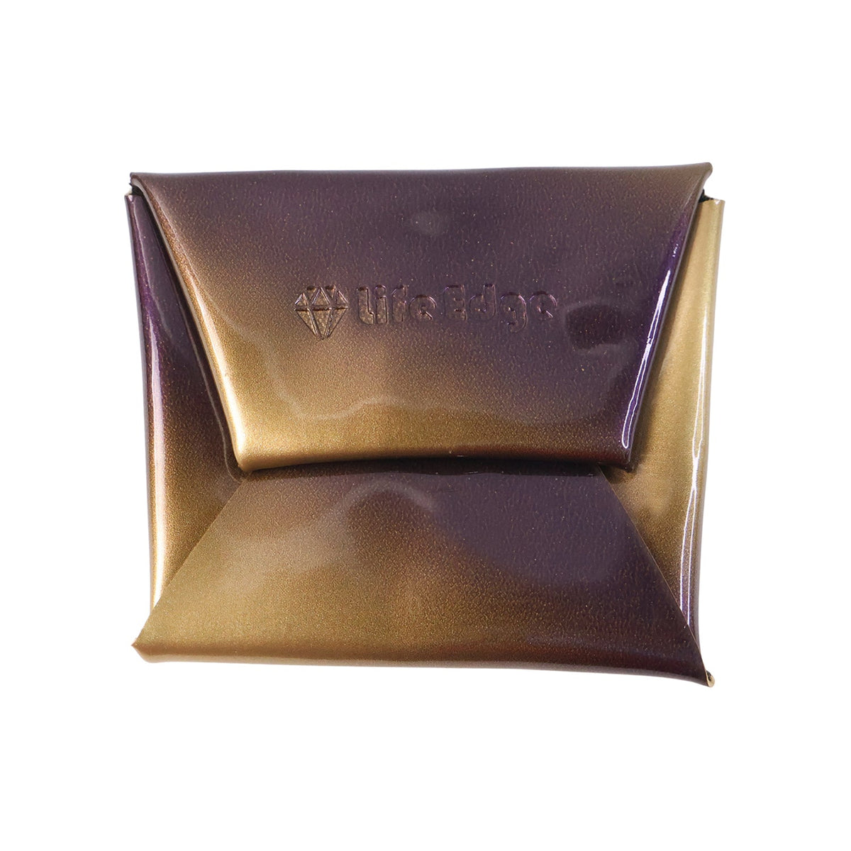 The iridescent purple and gold coin pouch is shown closed on a plain white background.