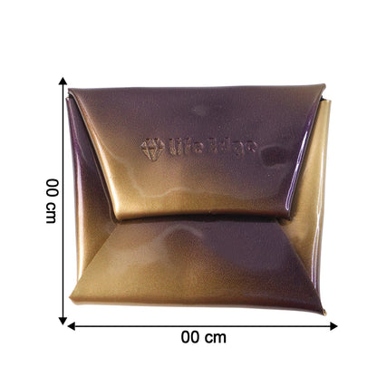 The iridescent purple and gold coin pouch is shown closed with measurement arrows on a white background.