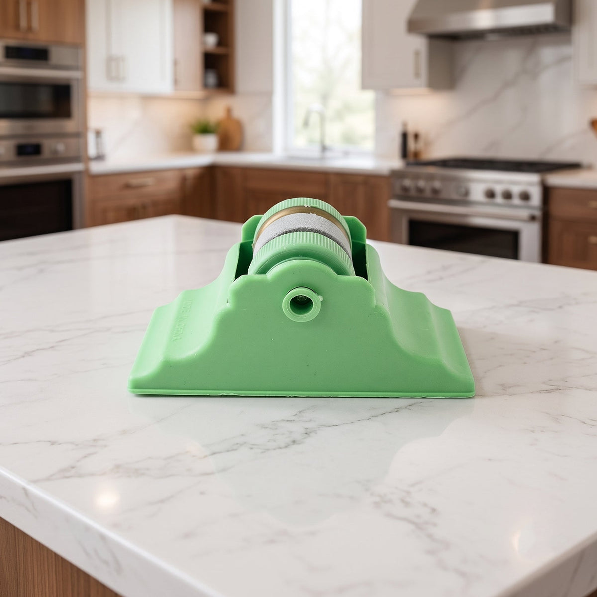 A green compact knife sharpener sits on a white marble kitchen counter, with a modern kitchen in the background.