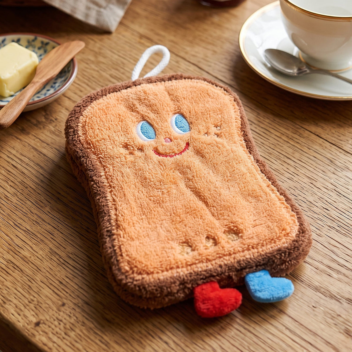 A brown cartoon bread slice towel with blue eyes and red smile lying on a wooden table with breakfast items.