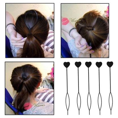 Four images showing the hair styling tool being used to create a bun, and four tools below.