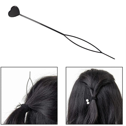 A black heart-shaped hair styling tool above two insets showing it being used to create a ponytail style.