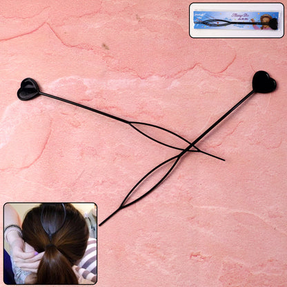 Two black heart-shaped hair styling tools on a pink background, with an inset showing use and packaging.