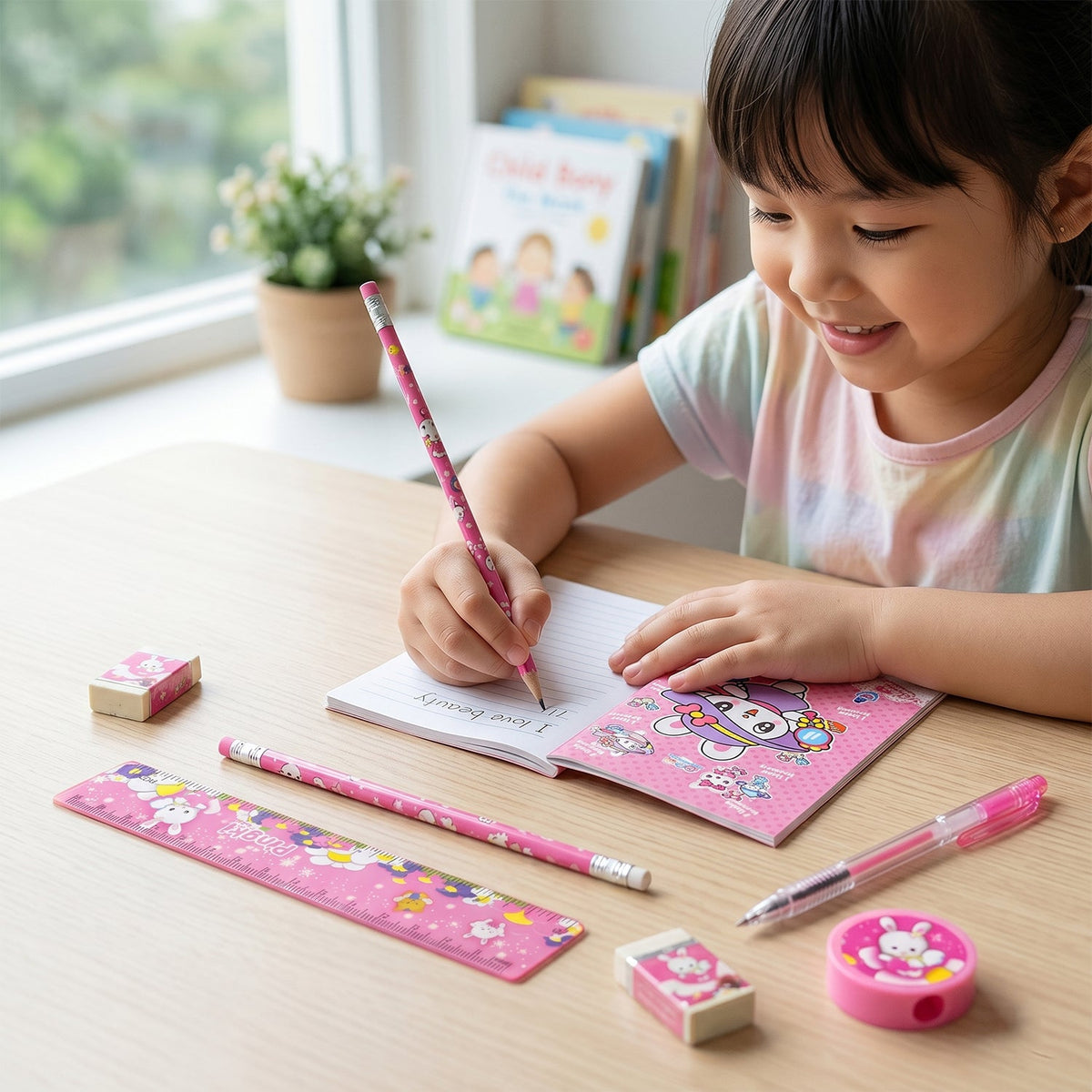A smiling young girl writing in a small notebook with a pink pencil, surrounded by the matching stationery set on a wooden