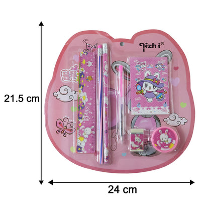 A pink rabbit-themed stationery set in clear packaging with dimensions of 21.5 cm by 24 cm indicated by black arrows.
