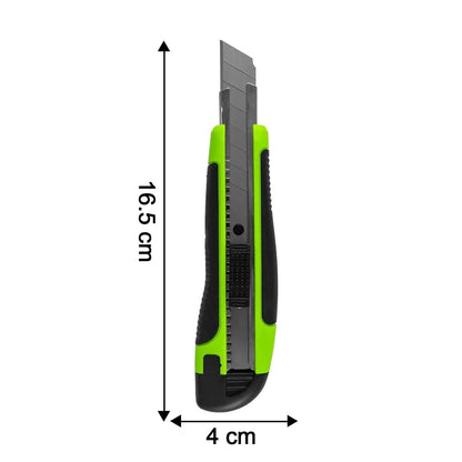 A green and black utility knife with dimensions of 16.5 cm length and 4 cm width shown.