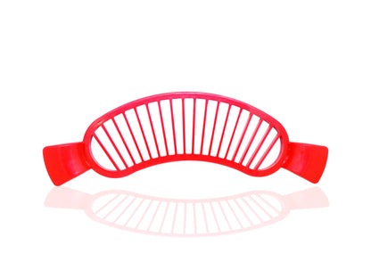 Food-grade plastic banana slicer with ergonomic handle for safe cutting.