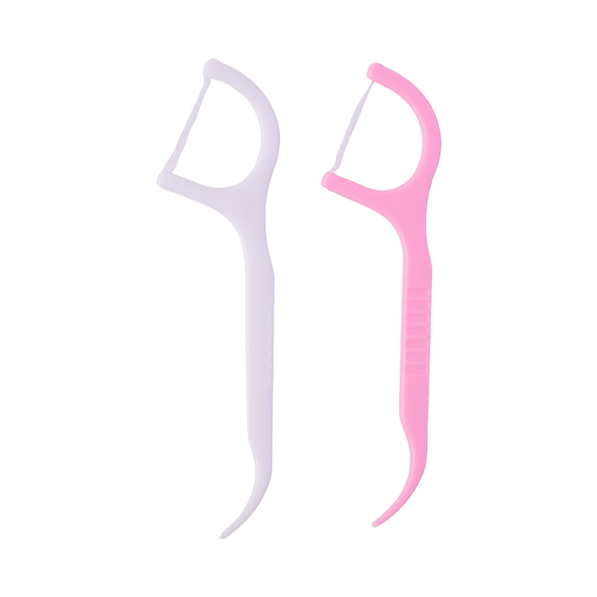 One white and one pink dental floss pick standing upright against a plain white background.