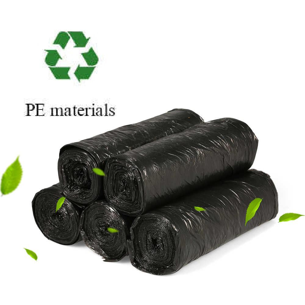 A stack of black garbage bag rolls with green leaves and a recycling symbol, labeled PE materials.