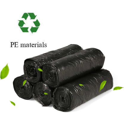 A stack of black garbage bag rolls with green leaves and a recycling symbol, labeled PE materials.