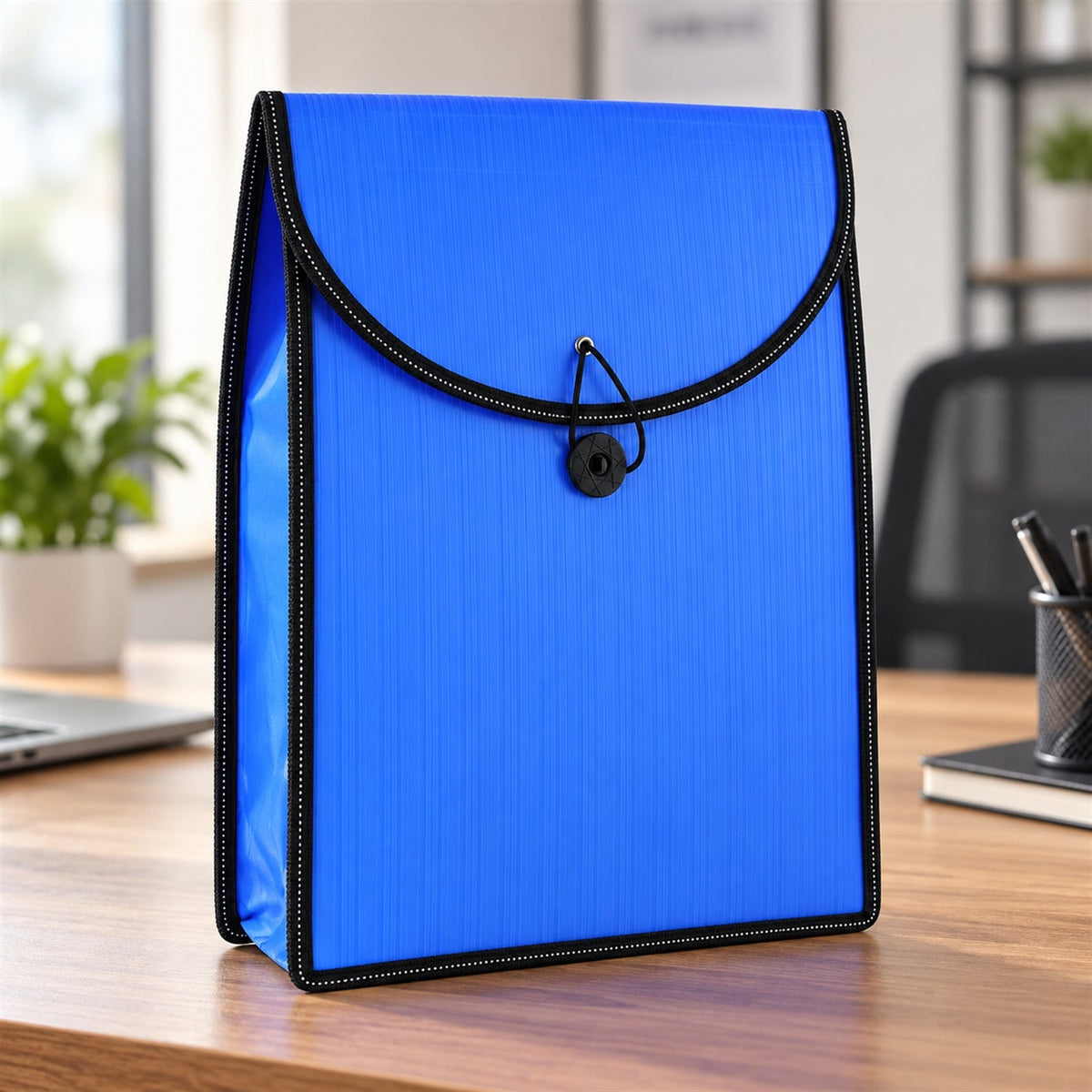 A vibrant blue plastic document folder with a black elastic closure and button, standing upright on a wooden desk.