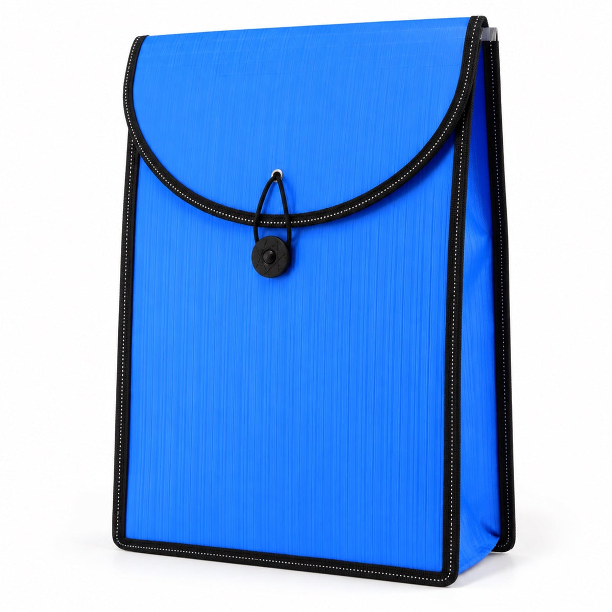 A bright blue plastic document folder with a black elastic cord and button closure, standing on a clean white surface.