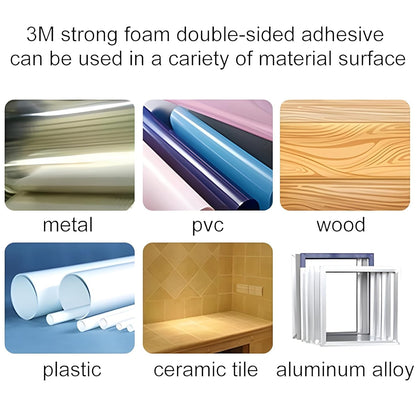 Six square images showing different material surfaces: metal, PVC, wood, plastic, ceramic tile, and aluminum alloy.