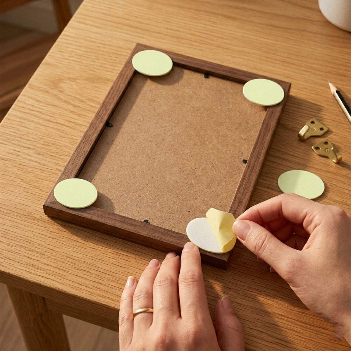Hands applying a yellow oval pad to the back of a wooden picture frame, with other pads already in place.