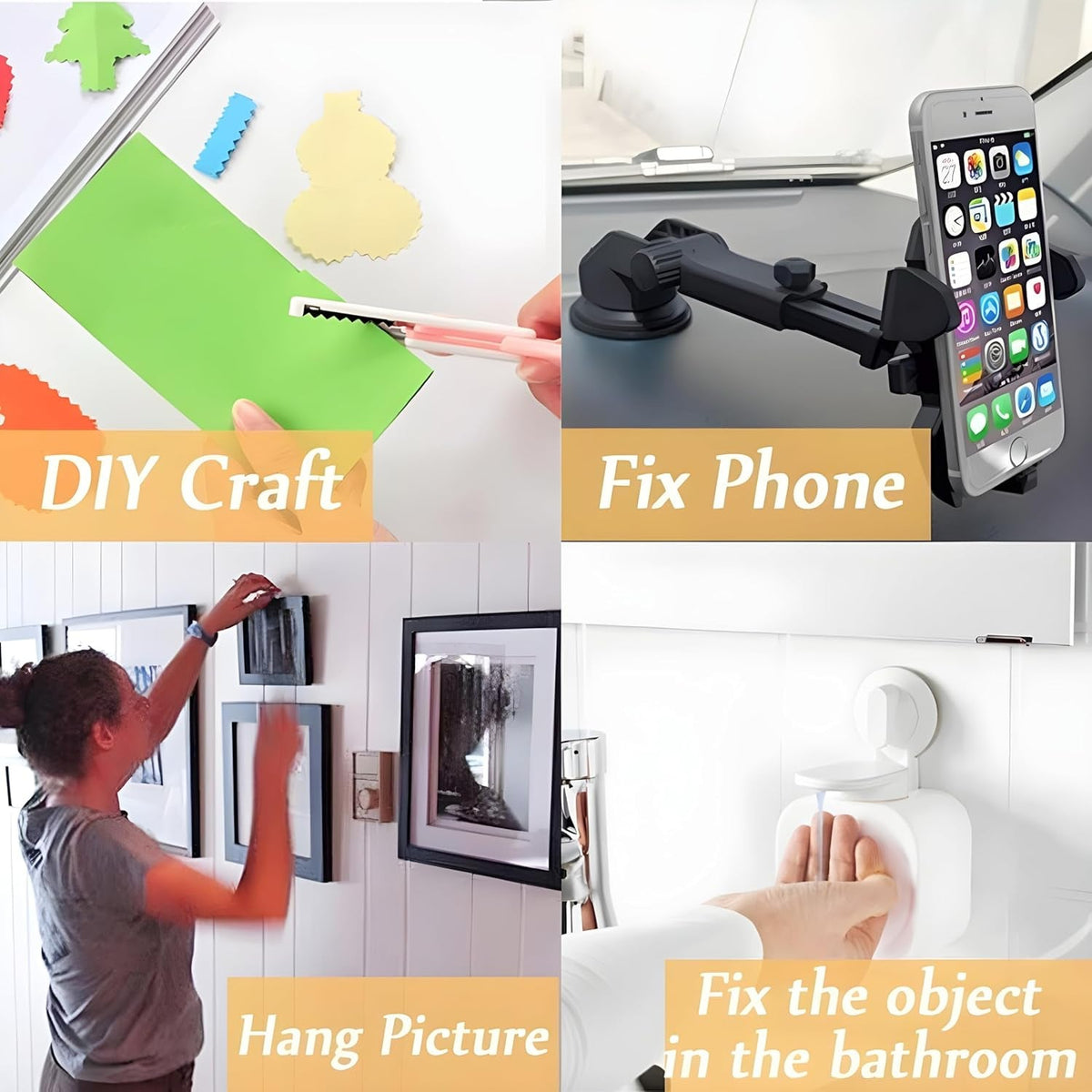 Four square images demonstrating uses: DIY craft, fixing a phone, hanging a picture, and fixing an object in a bathroom.