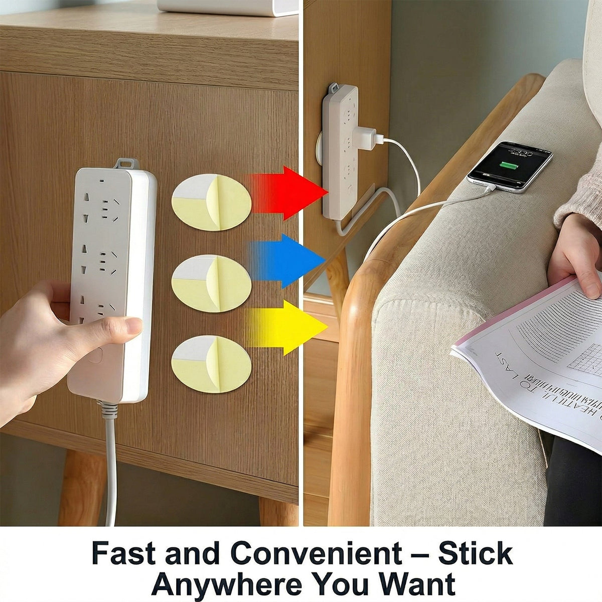 Three yellow oval pads with red, blue, and yellow arrows pointing to a power strip attached to a wall.