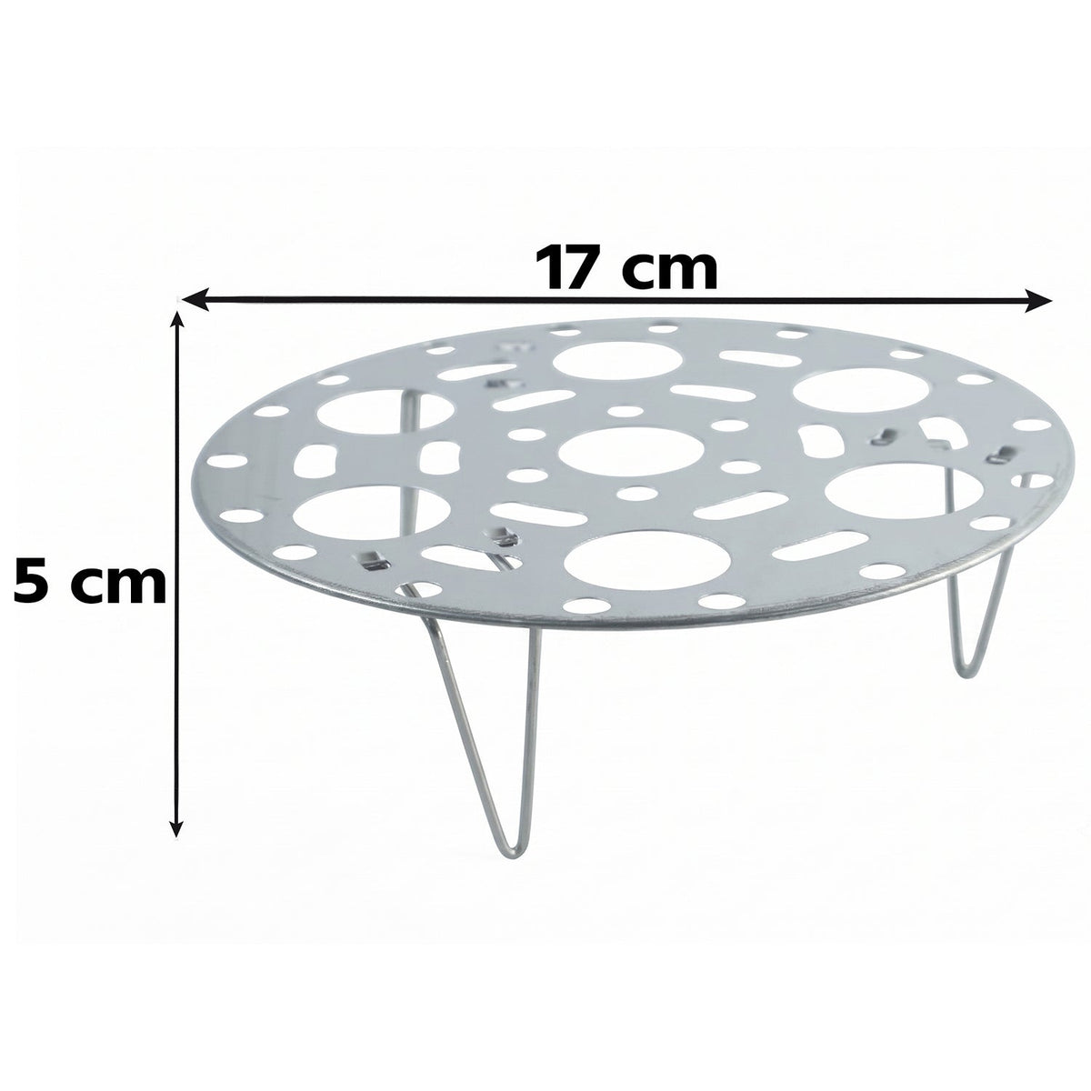 A silver metal steamer rack with three legs is shown against white, with dimensions of 17 cm width and 5 cm height indicated.