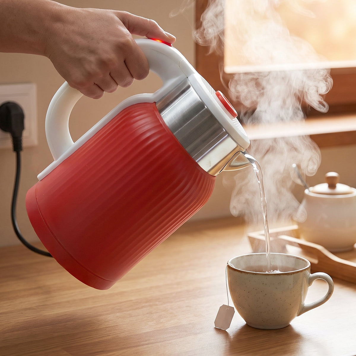 A person's hand holds a red ribbed electric kettle, pouring steaming water into a light-colored teacup on a wooden surface.