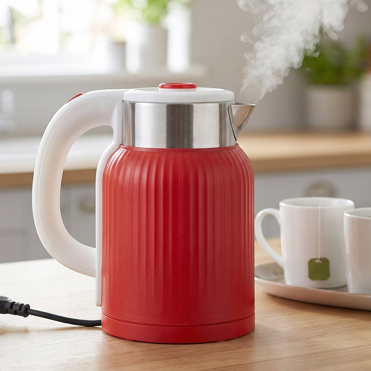 A red ribbed electric kettle with a white handle and stainless steel top sits on a wooden counter, emitting steam, with