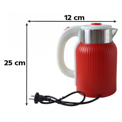 A red ribbed electric kettle with a white handle and power cord is shown on a white background with dimensions of 25 cm