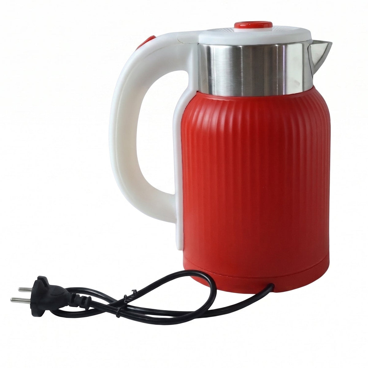 A red ribbed electric kettle with a white handle and stainless steel top is displayed on a white background with its power