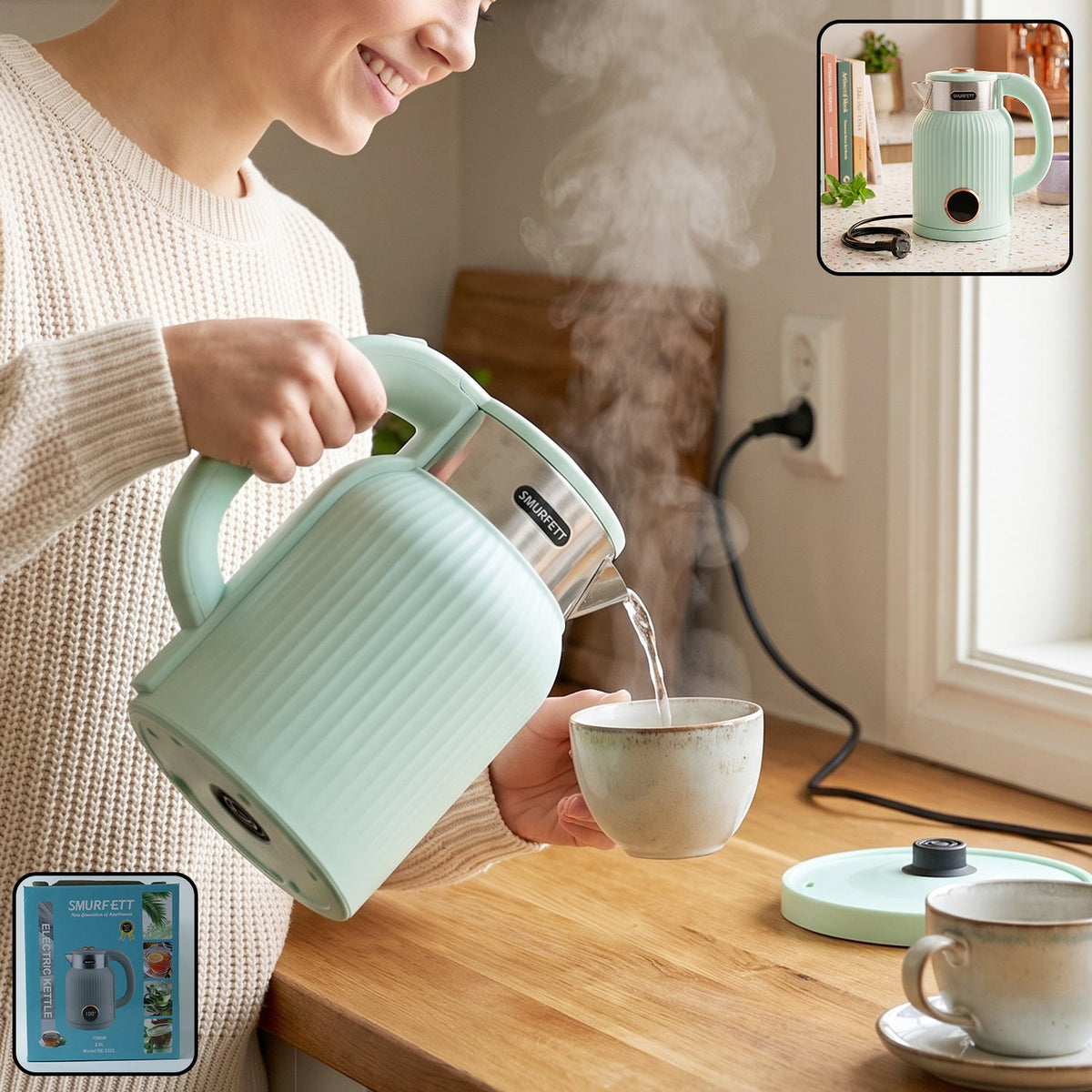 A person pours steaming water from a mint green electric kettle into a light-colored ceramic cup on a wooden counter.