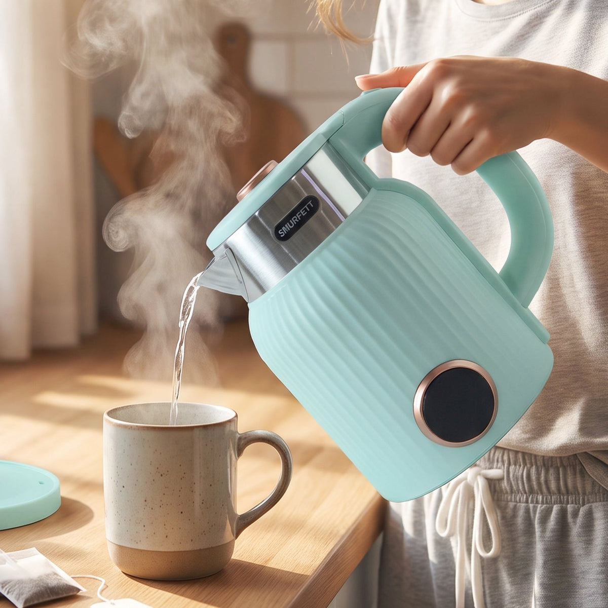 A mint green electric kettle with a black power cord is shown next to its product packaging box on a light wooden surface.