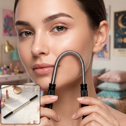 A woman holds a silver spring facial hair remover to her cheek, with a smaller image of the tool at the bottom left.