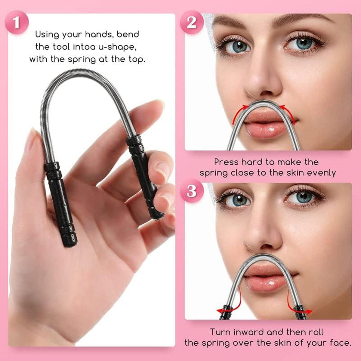 Three panels illustrate how to use the spring hair remover, showing it bent into a U-shape and rolled over the skin.
