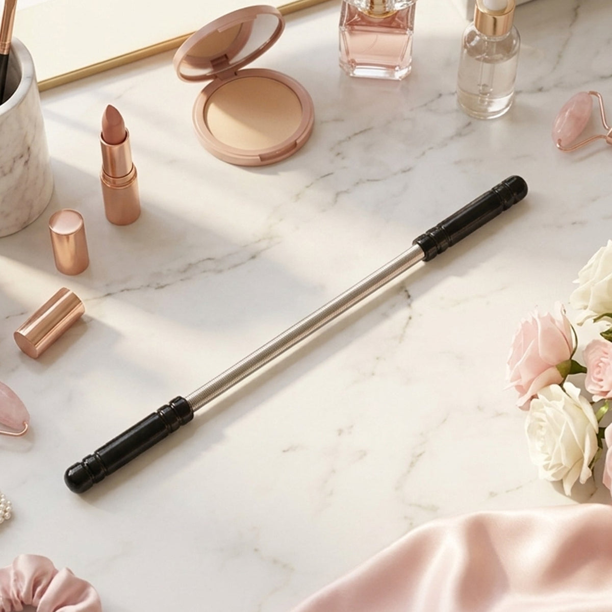A silver spring facial hair remover with black handles lies on a marble surface surrounded by various makeup products.