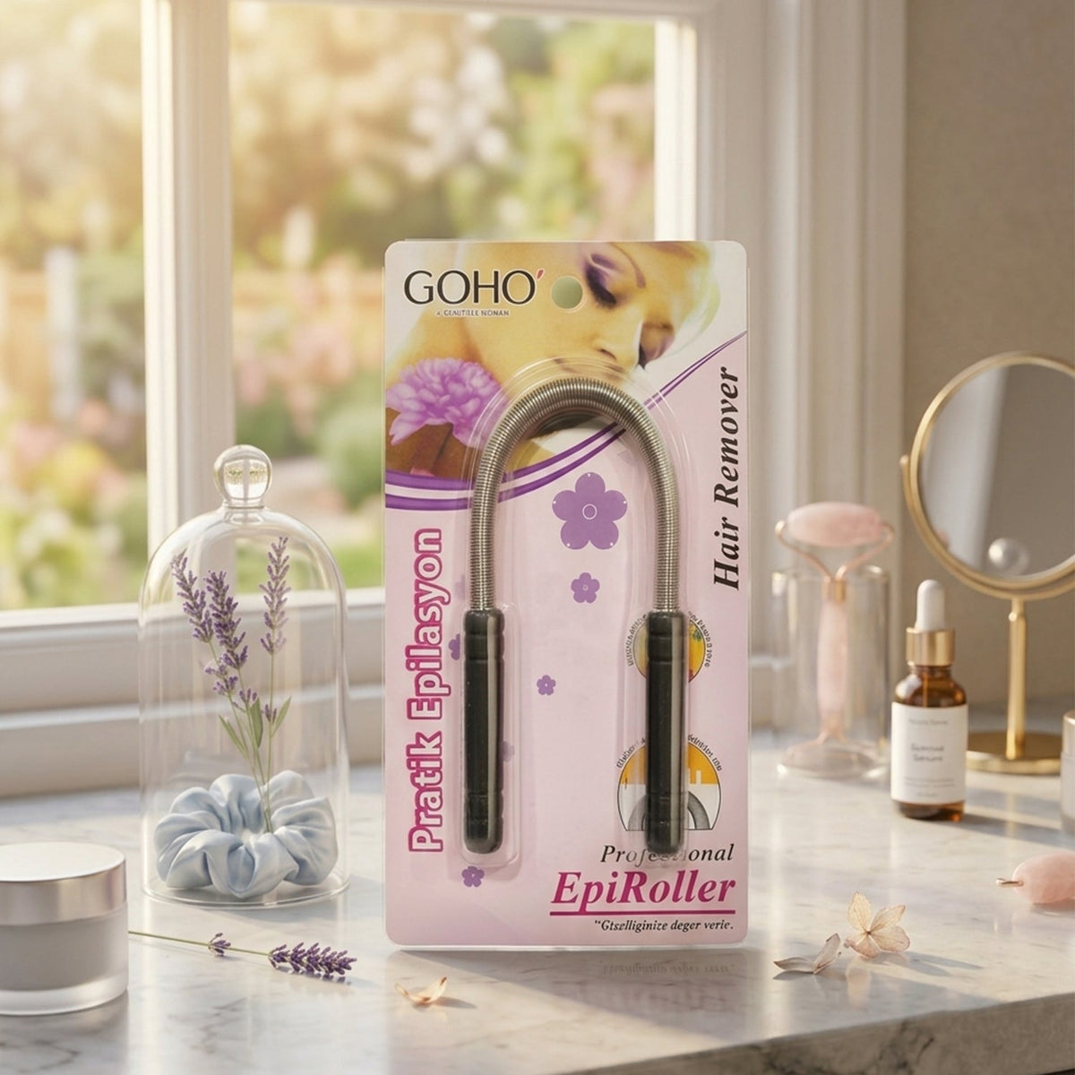 A packaged GOHO Professional EpiRoller hair remover stands on a marble counter with a window and lavender decor in the