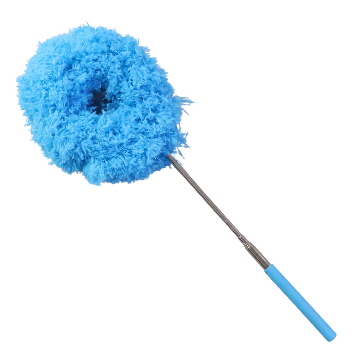 A blue microfiber duster with an extendable handle is shown extended against a plain white background.